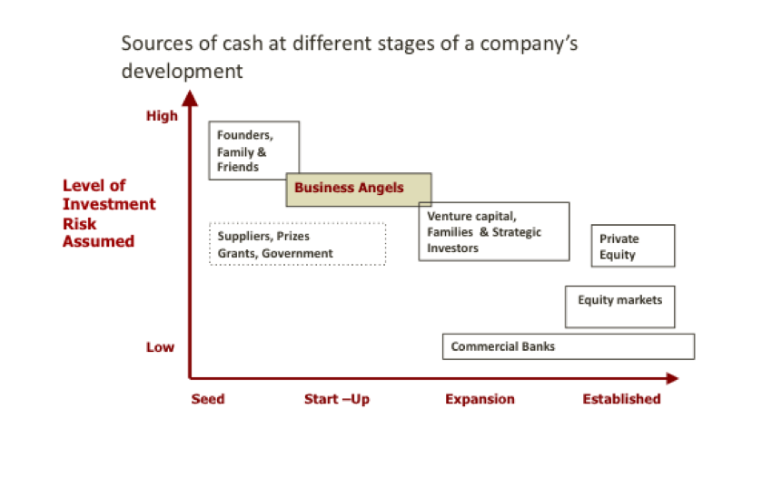 Sources of cash at different stages of a company's development.