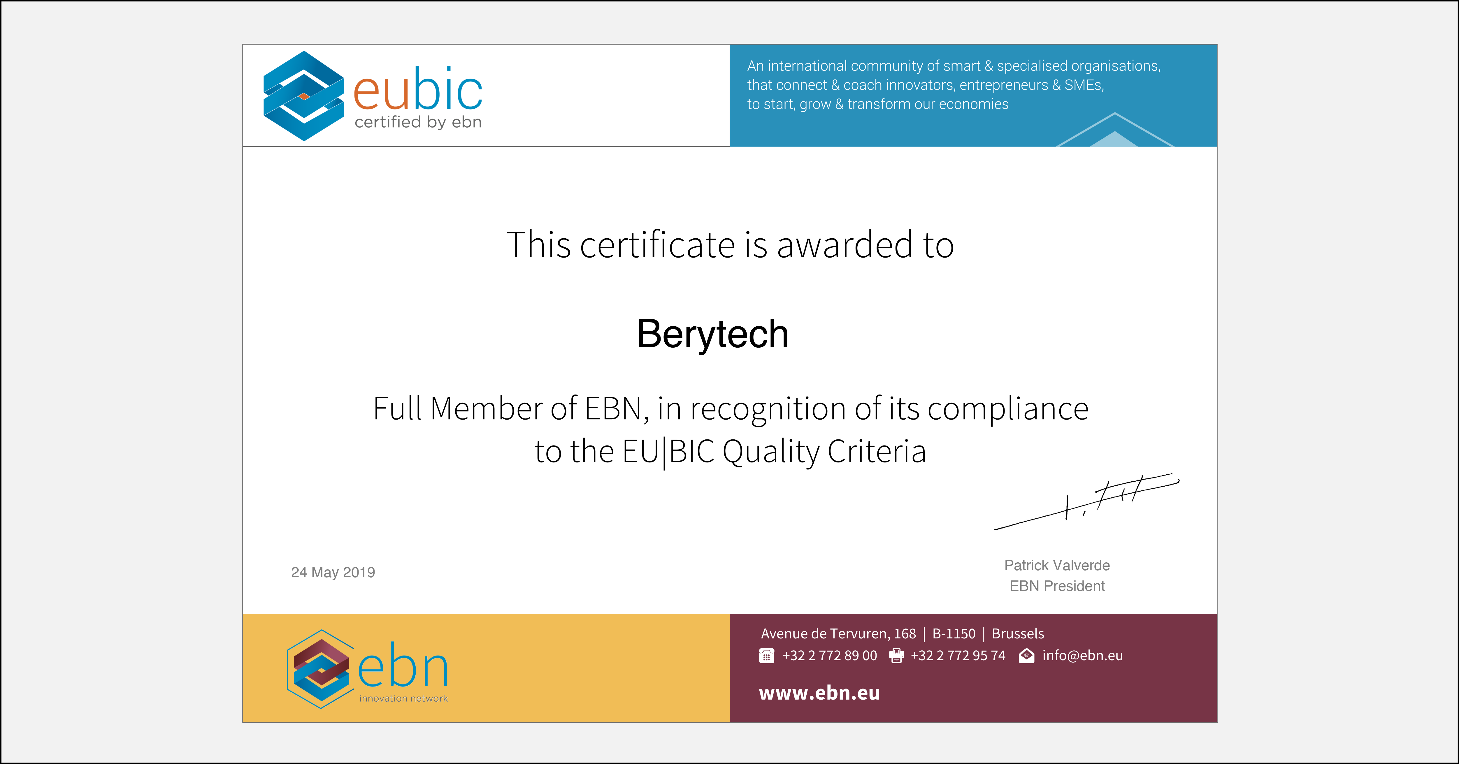 EUBIC Certificate for Berytech 2019